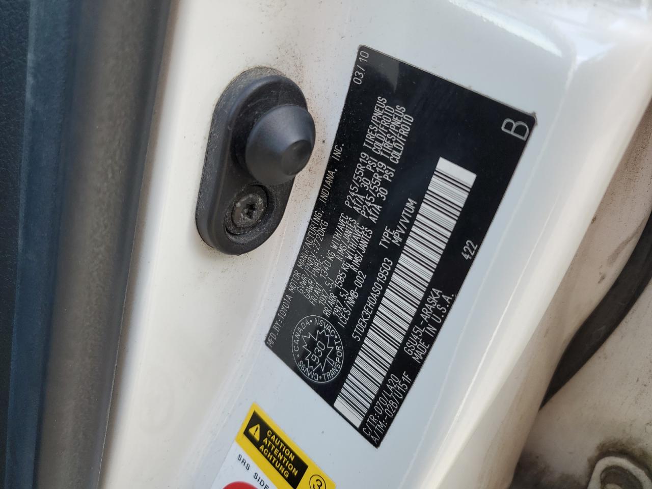 2010 Toyota Highlander Sport VIN: 5TDEK3EH0AS019503 Lot: 65550055