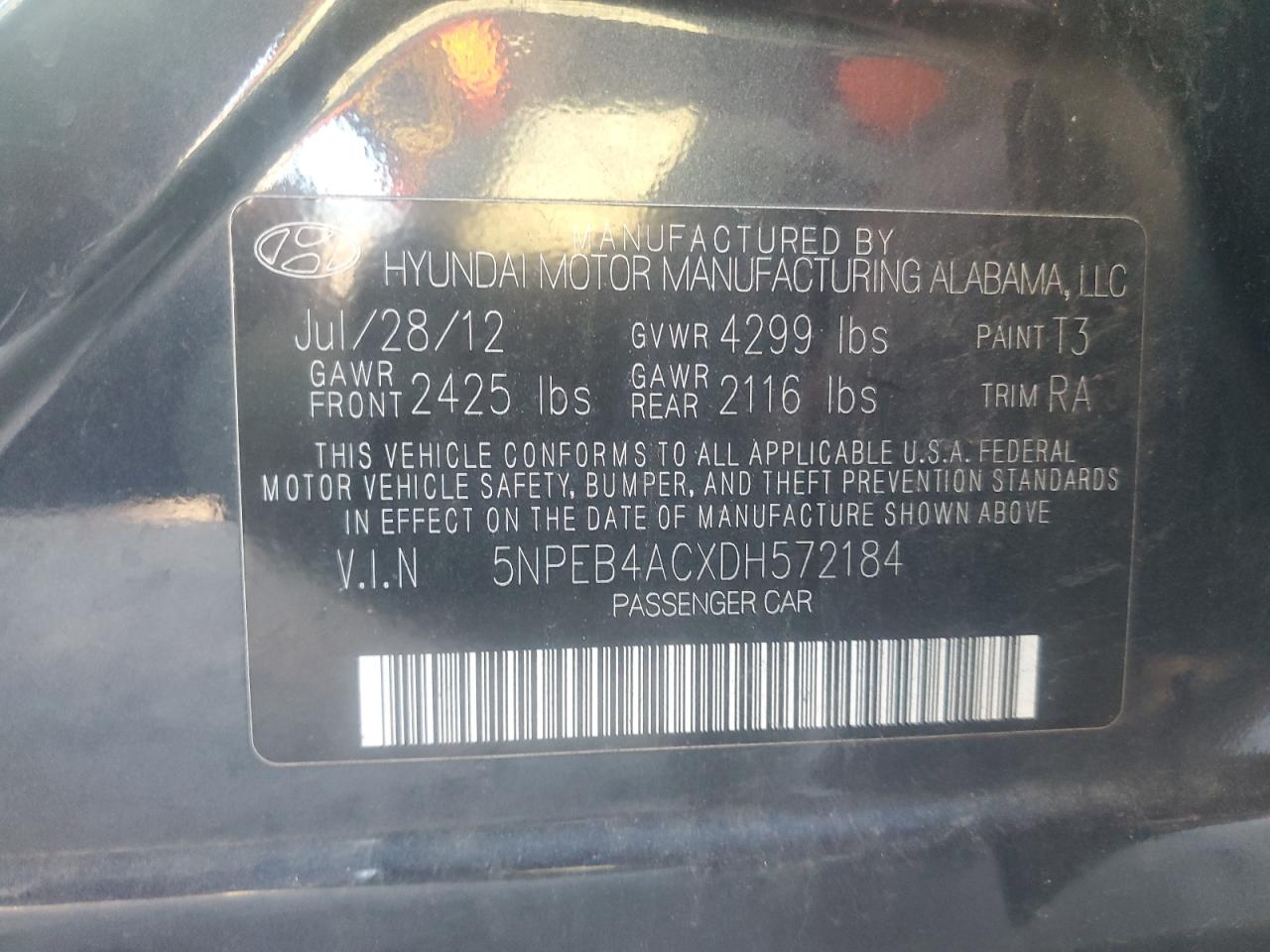 2013 Hyundai Sonata Gls VIN: 5NPEB4ACXDH572184 Lot: 70399615