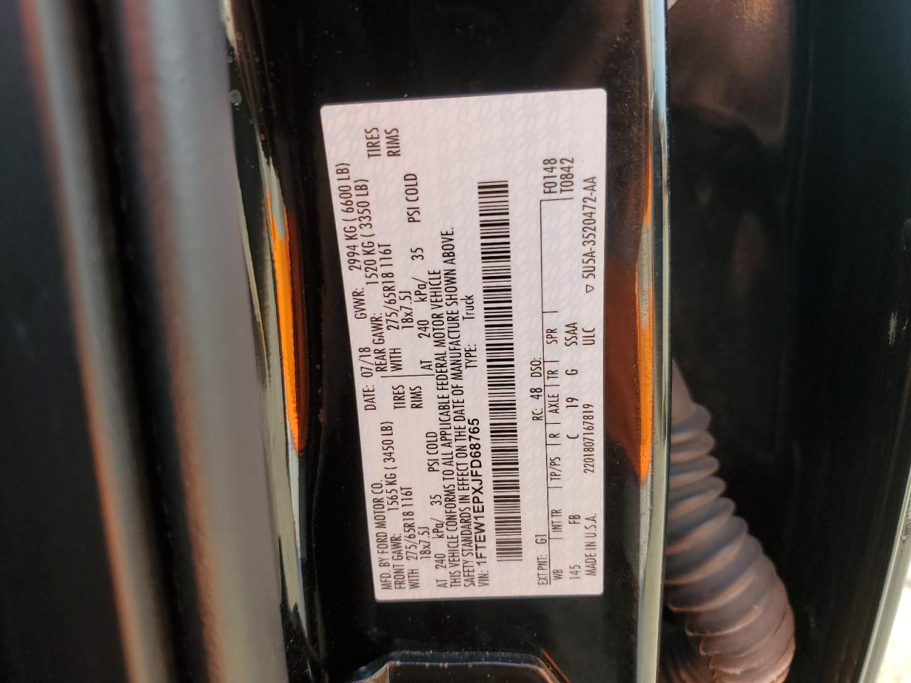 2018 Ford F150 Supercrew VIN: 1FTEW1EPXJFD68765 Lot: 69776875