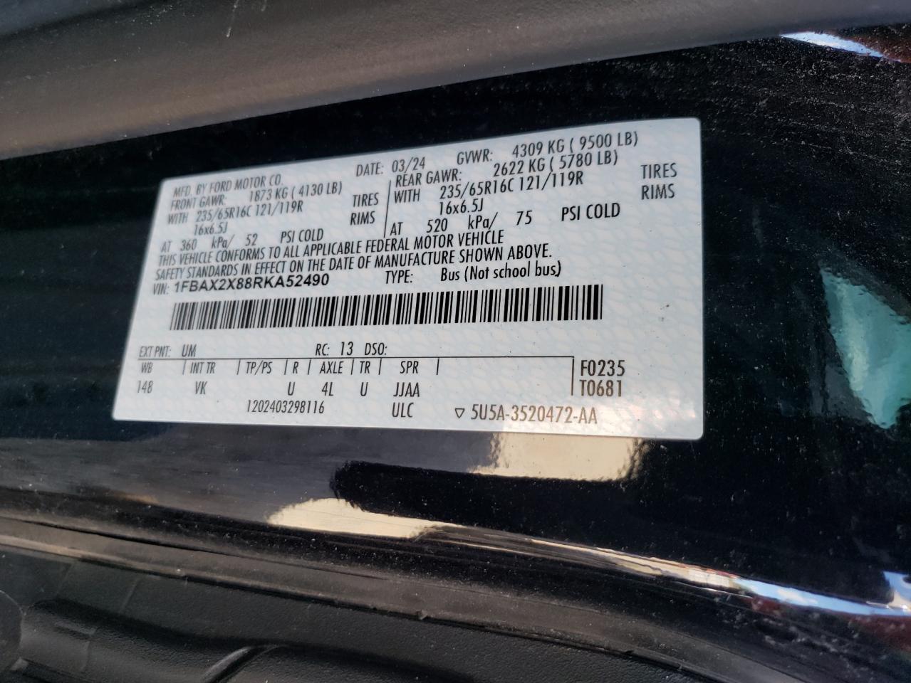 2024 Ford Transit T-350 VIN: 1FBAX2X88RKA52490 Lot: 70126785