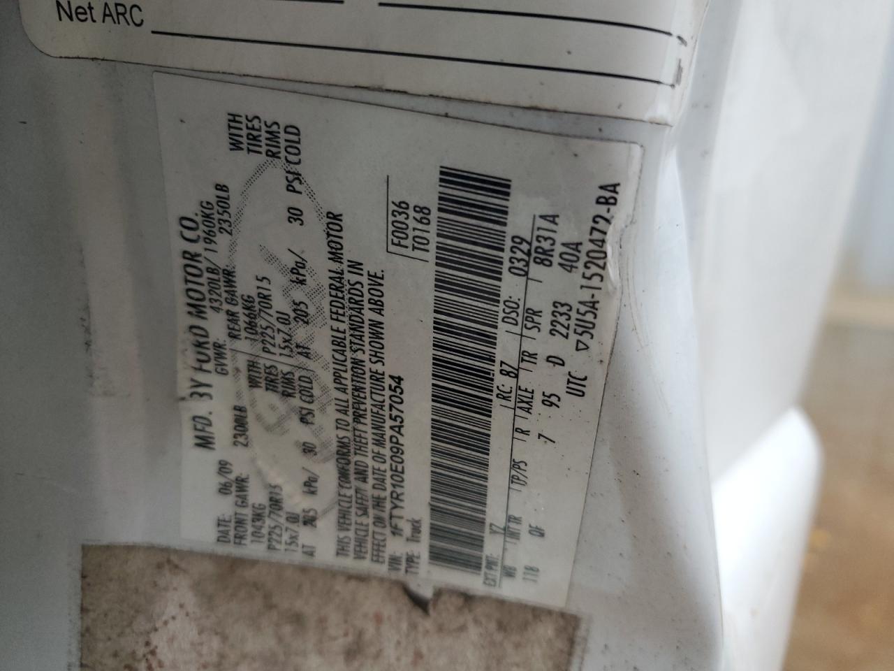 2009 Ford Ranger VIN: 1FTYR10E09PA57054 Lot: 68177265