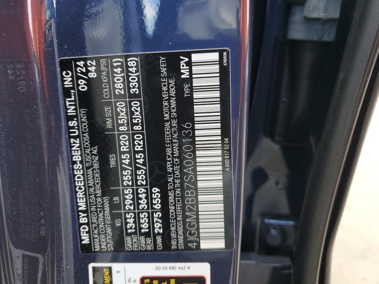 2025 Mercedes-Benz Eqe Suv 350+ VIN: 4JGGM2BB7SA060136 Lot: 68552535