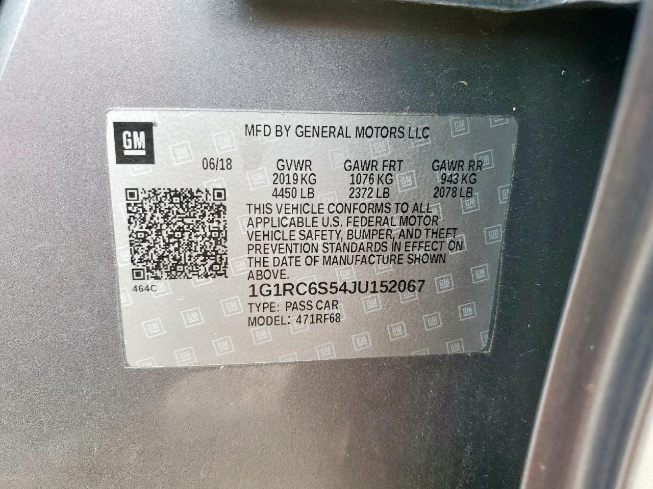 2018 Chevrolet Volt Lt VIN: 1G1RC6S54JU152067 Lot: 70171055