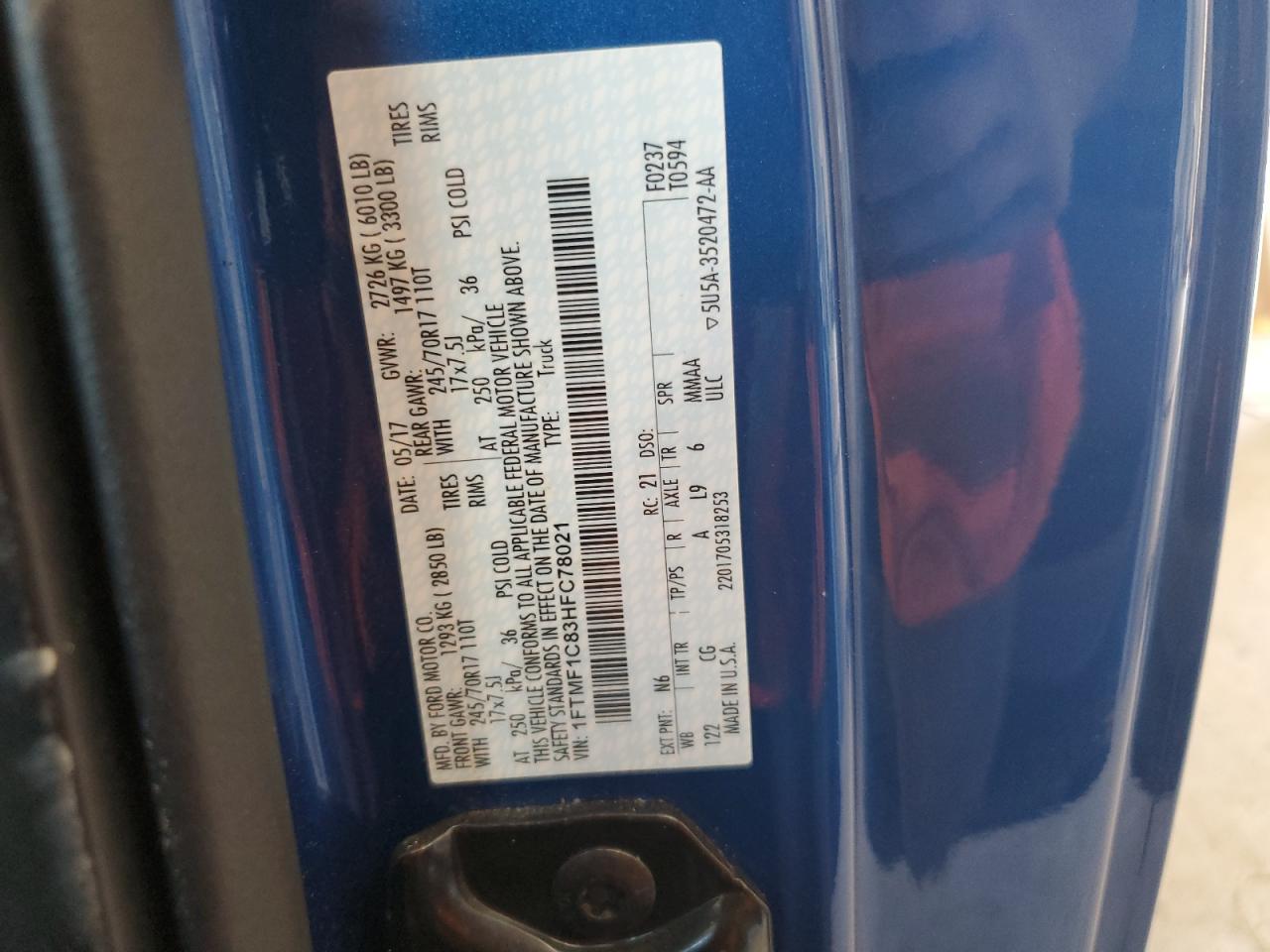 2017 Ford F150 VIN: 1FTMF1C83HFC78021 Lot: 67538655