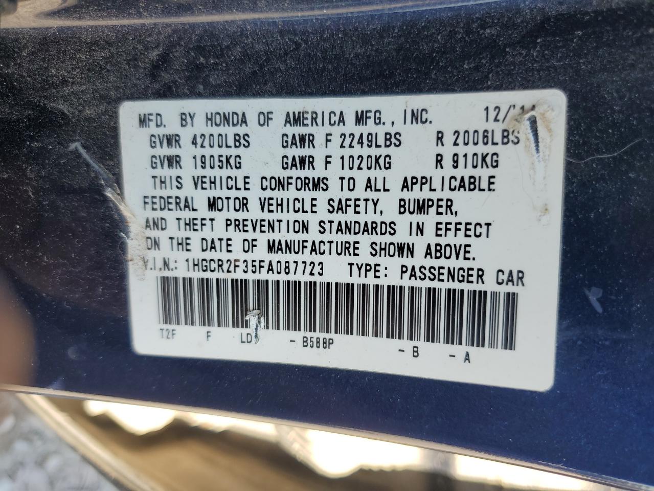 2015 Honda Accord Lx VIN: 1HGCR2F35FA087723 Lot: 71076145