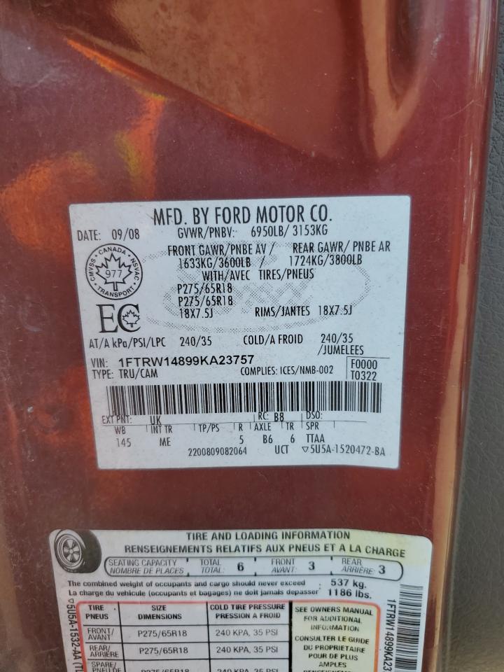 2009 Ford F150 Supercrew VIN: 1FTRW14899KA23757 Lot: 68634555