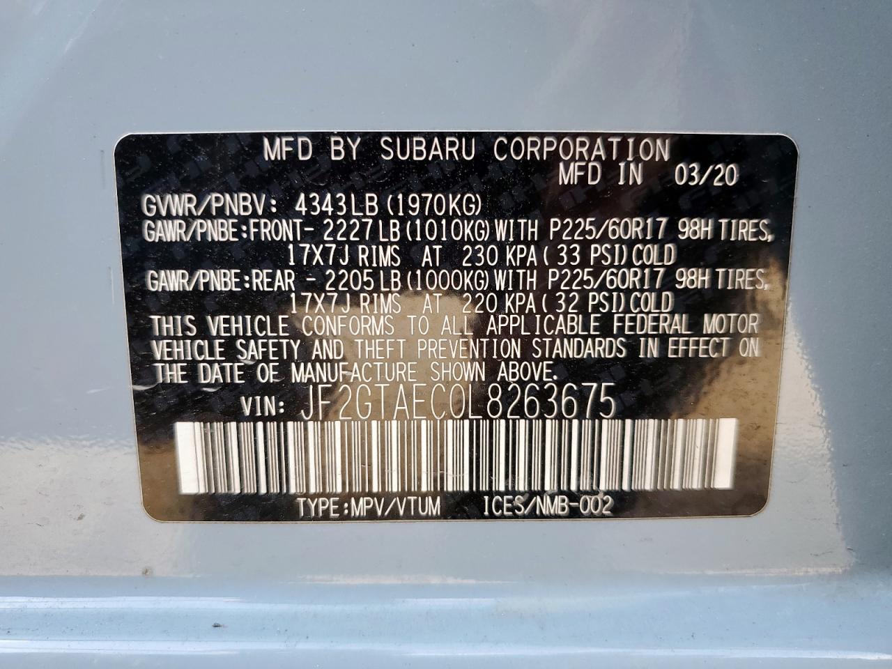 2020 Subaru Crosstrek Premium VIN: JF2GTAEC0L8263675 Lot: 69829205