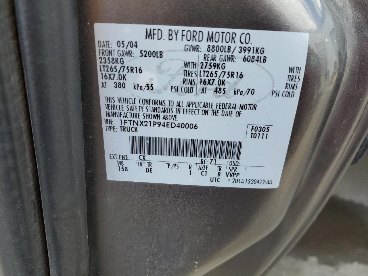 2004 Ford F250 Super Duty VIN: 1FTNX21P94ED40006 Lot: 70182455