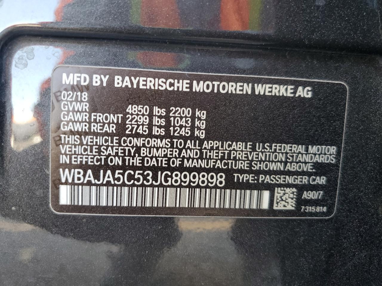 2018 BMW 530 I VIN: WBAJA5C53JG899898 Lot: 70933755