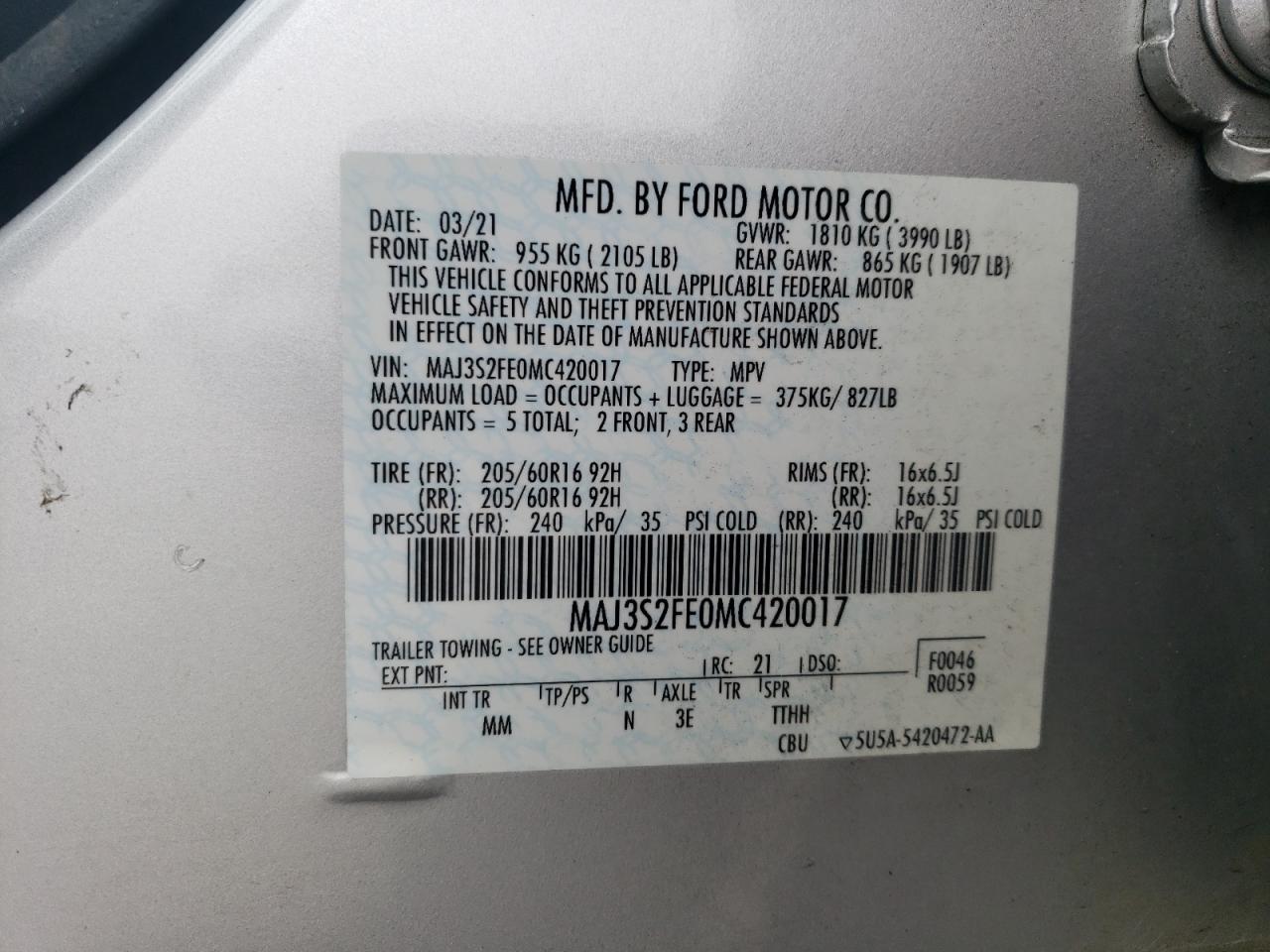 2021 Ford Ecosport S VIN: MAJ3S2FE0MC420017 Lot: 68417095