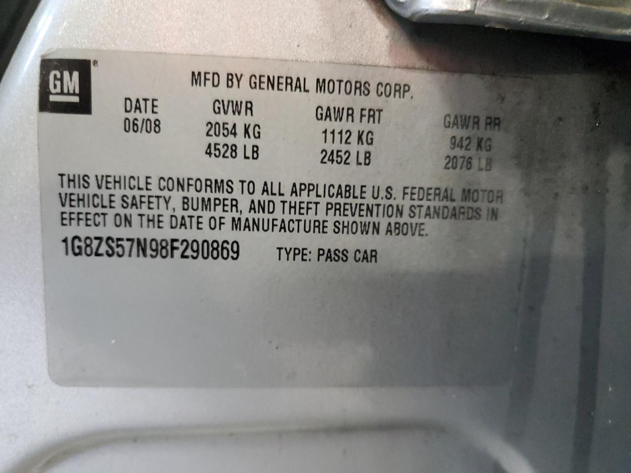 2008 Saturn Aura Xe VIN: 1G8ZS57N98F290869 Lot: 68379185