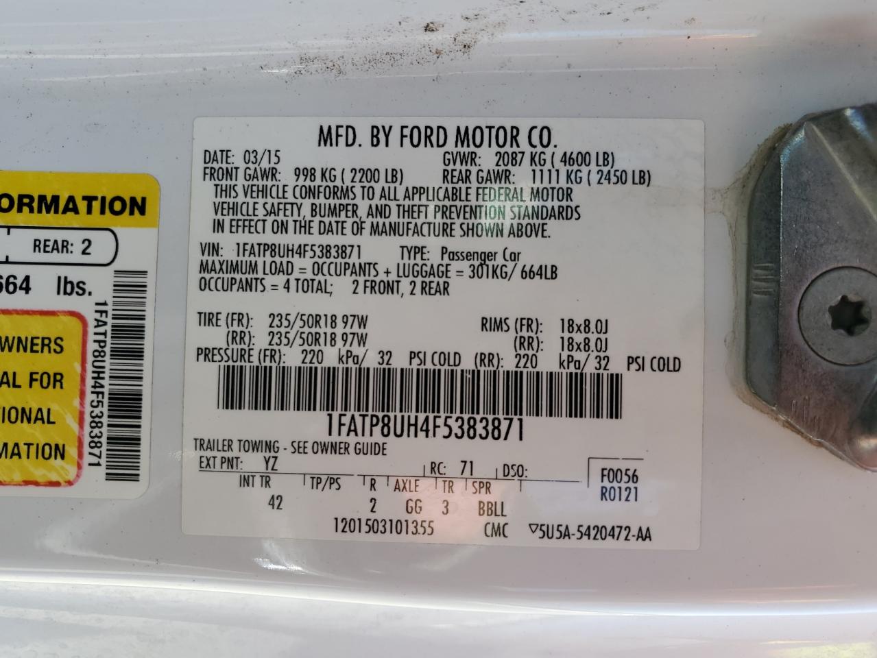 2015 Ford Mustang VIN: 1FATP8UH4F5383871 Lot: 69775425