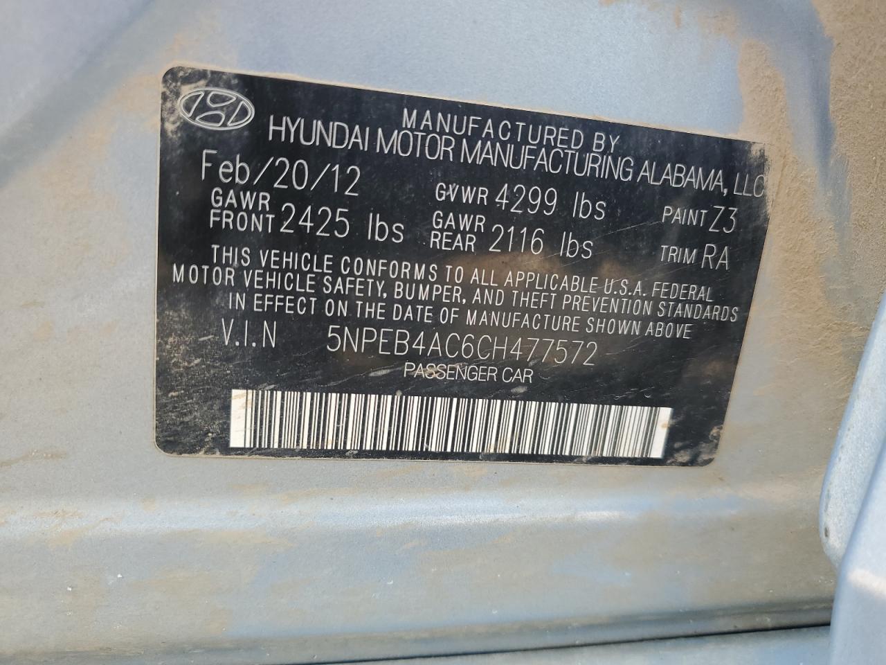 2012 Hyundai Sonata Gls VIN: 5NPEB4AC6CH477572 Lot: 69367365