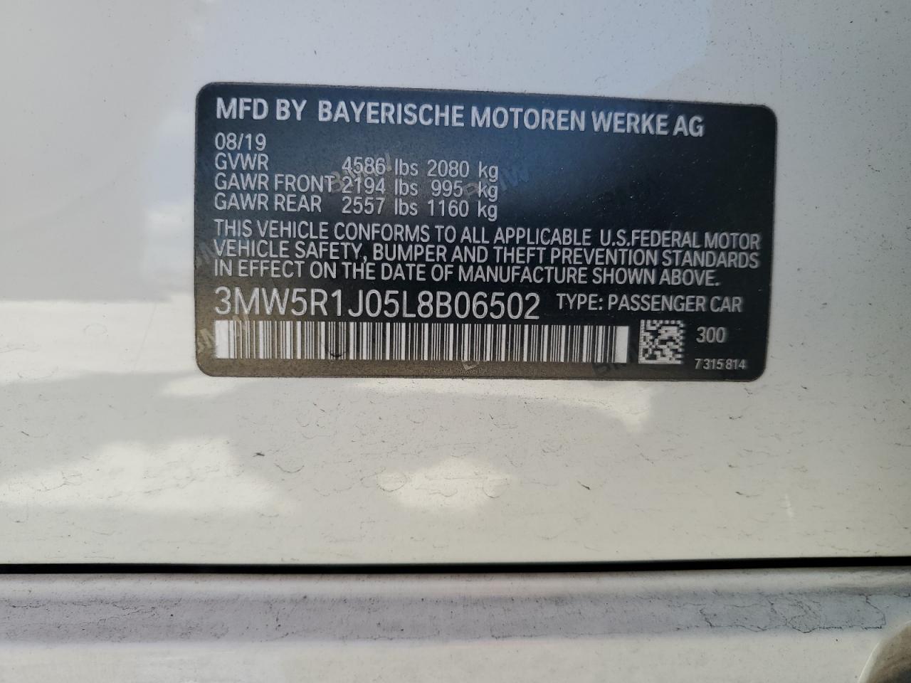 2020 BMW 330I VIN: 3MW5R1J05L8B06502 Lot: 69383005