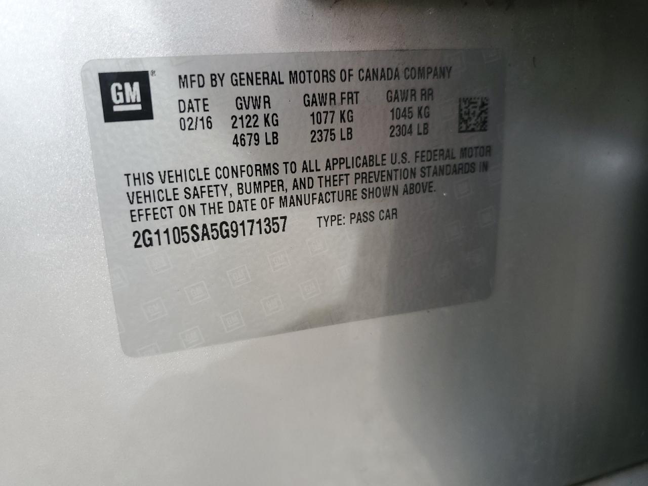 2016 Chevrolet Impala Lt VIN: 2G1105SA5G9171357 Lot: 70137325