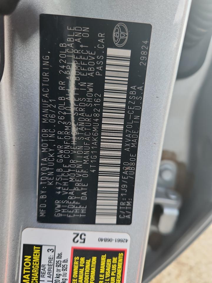 2021 Toyota Camry Se VIN: 4T1G11AK6MU482162 Lot: 69880205