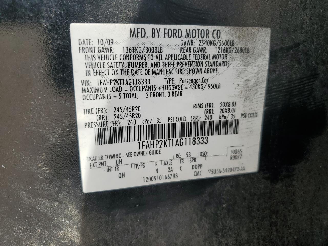 2010 Ford Taurus Sho VIN: 1FAHP2KT1AG118333 Lot: 68350965