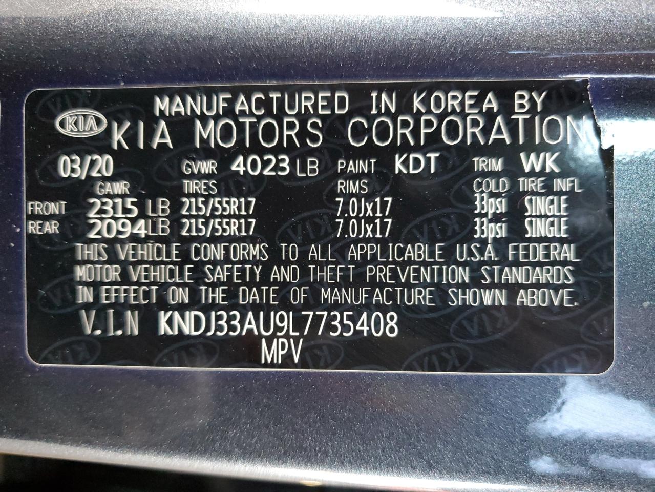 2020 Kia Soul Ex VIN: KNDJ33AU9L7735408 Lot: 68772035