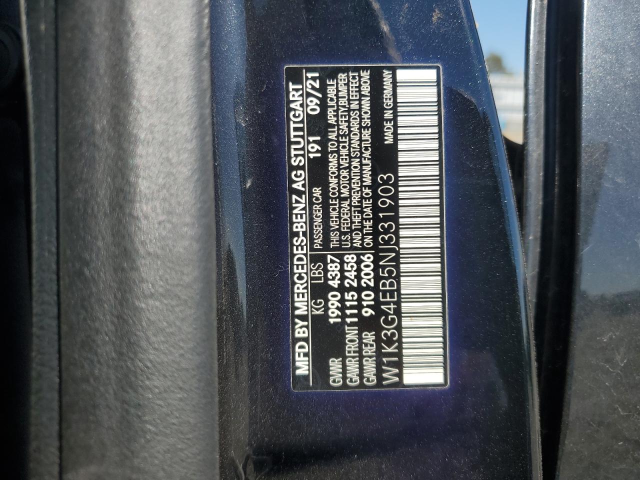2022 Mercedes-Benz A 220 VIN: W1K3G4EB5NJ331903 Lot: 70472085