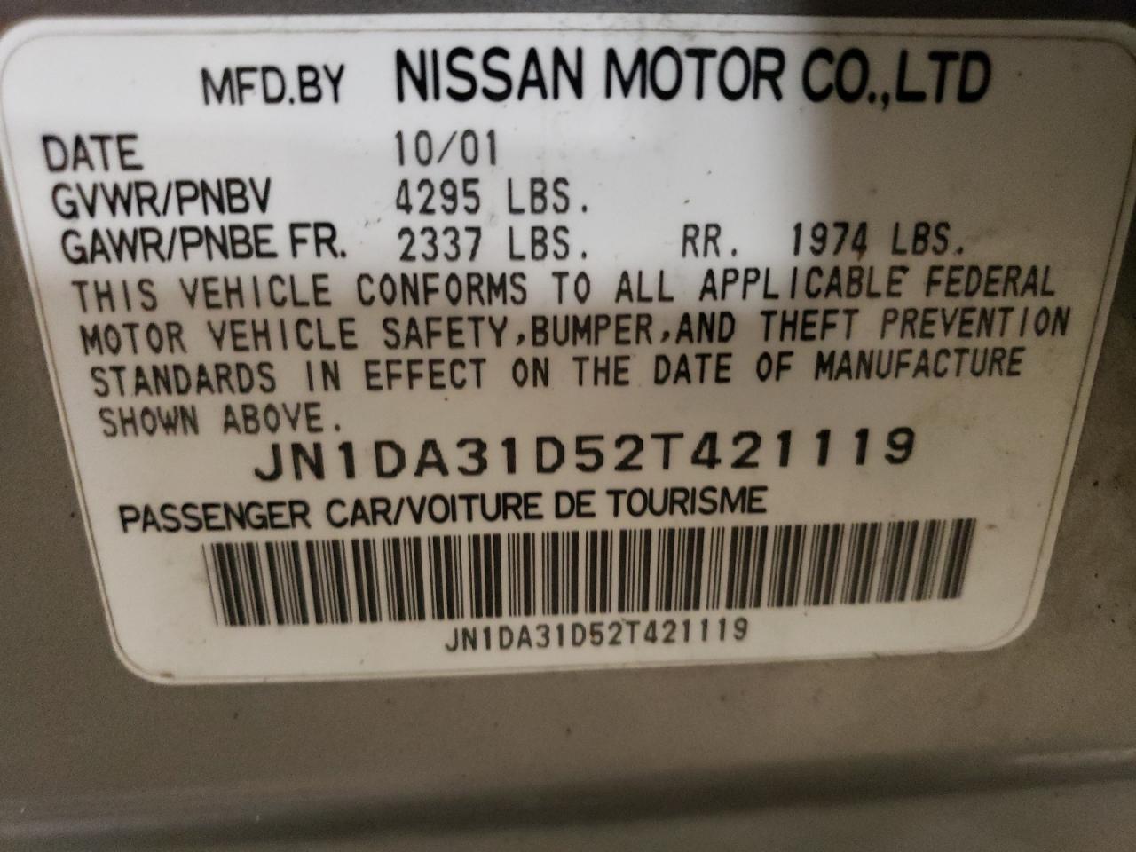 2002 Nissan Maxima Gle VIN: JN1DA31D52T421119 Lot: 70036985