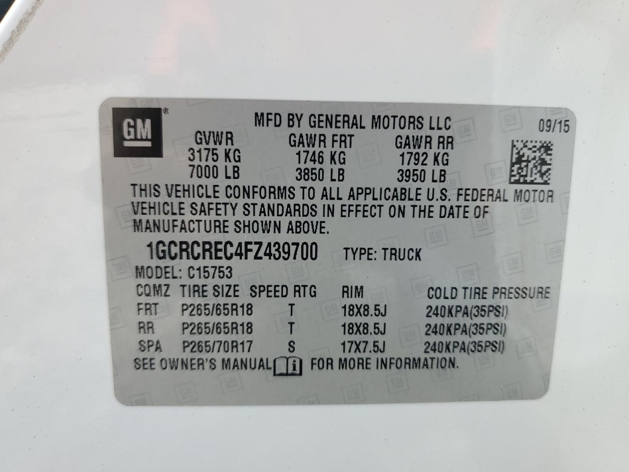 2015 Chevrolet Silverado C1500 Lt VIN: 1GCRCREC4FZ439700 Lot: 70263685