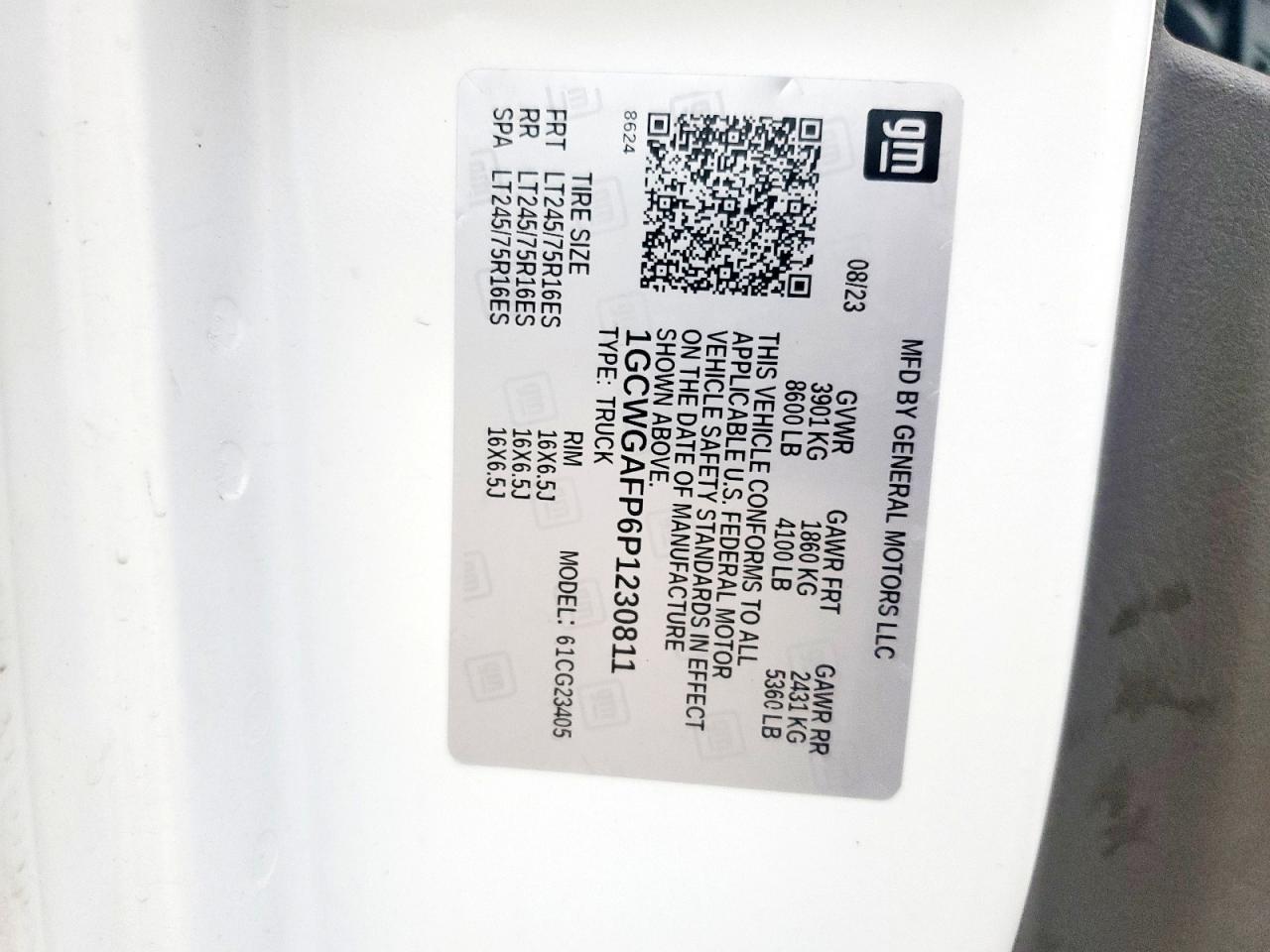 2023 Chevrolet Express G2500 VIN: 1GCWGAFP6P1230811 Lot: 70865765