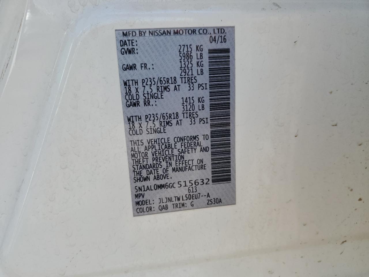 2016 Infiniti Qx60 VIN: 5N1AL0MM6GC515632 Lot: 67230115