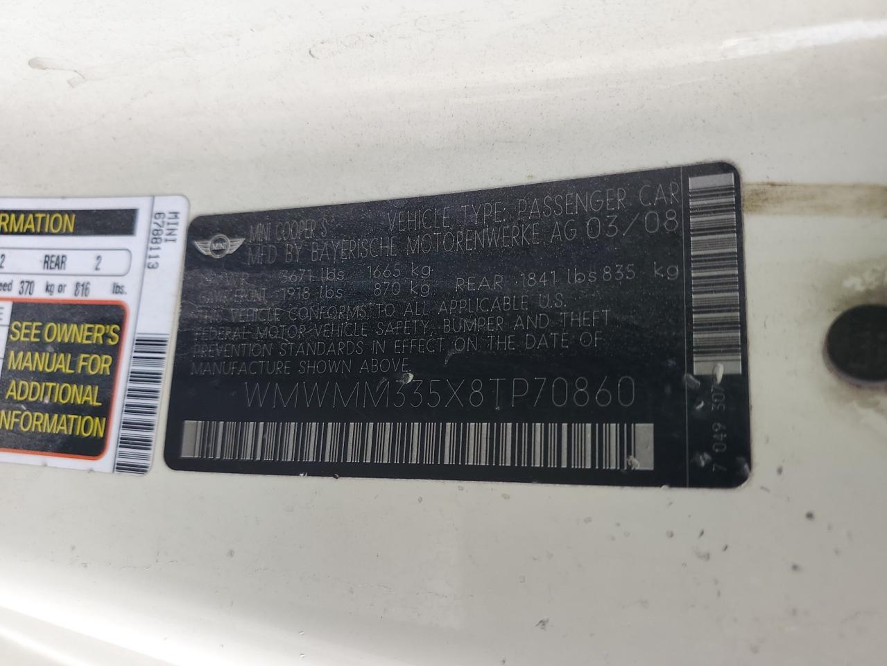 2008 Mini Cooper S VIN: WMWMF73548TT93248 Lot: 66952975