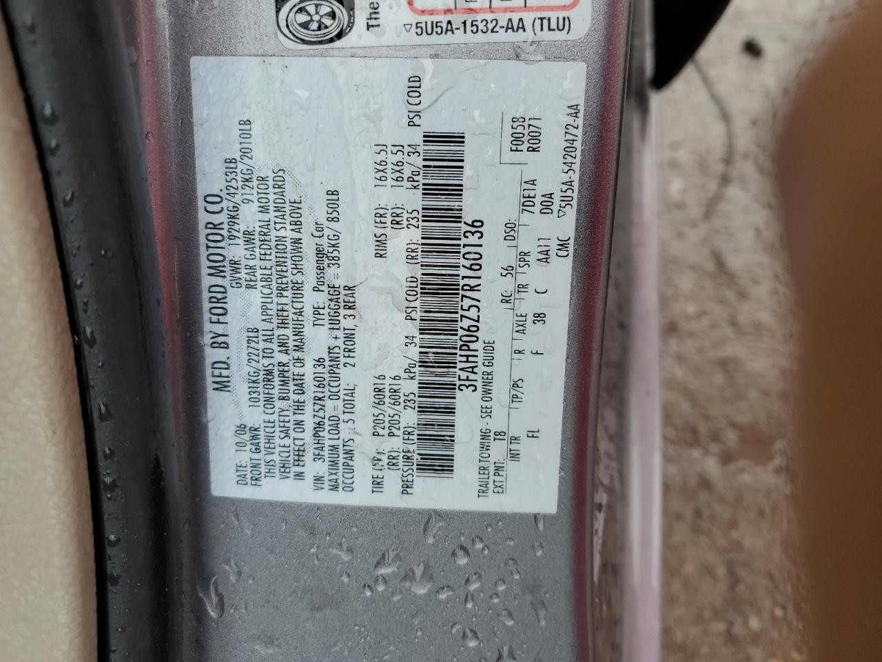 2007 Ford Fusion S VIN: 3FAHP06Z57R160136 Lot: 70088635