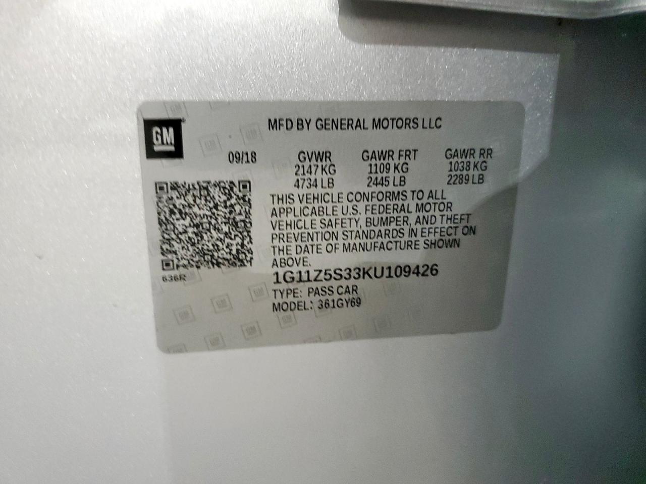 2019 Chevrolet Impala Lt VIN: 1G11Z5S33KU109426 Lot: 70728975