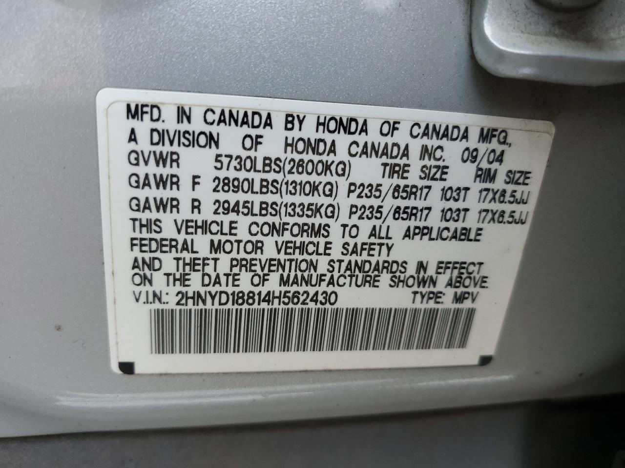 2004 Acura Mdx Touring VIN: 2HNYD18814H562430 Lot: 67523115