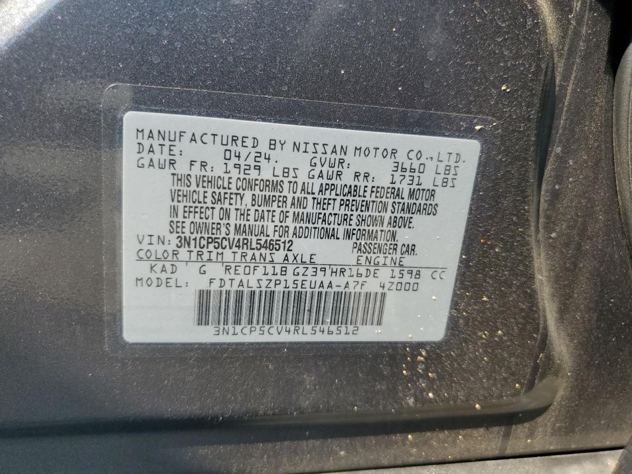 2024 Nissan Kicks Sv VIN: 3N1CP5CV4RL546512 Lot: 69032565