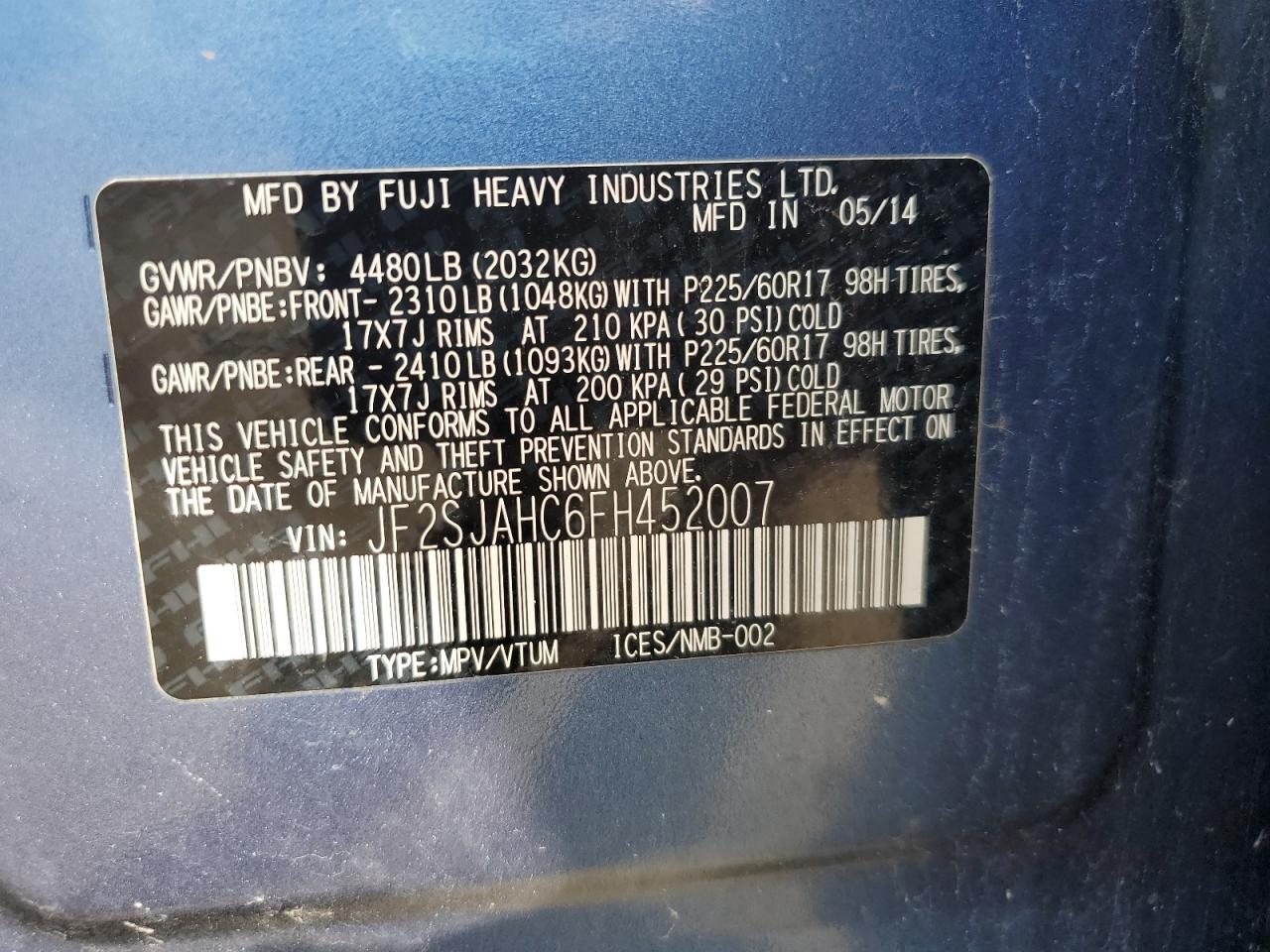 2015 Subaru Forester 2.5I Limited VIN: JF2SJAHC6FH452007 Lot: 68768995