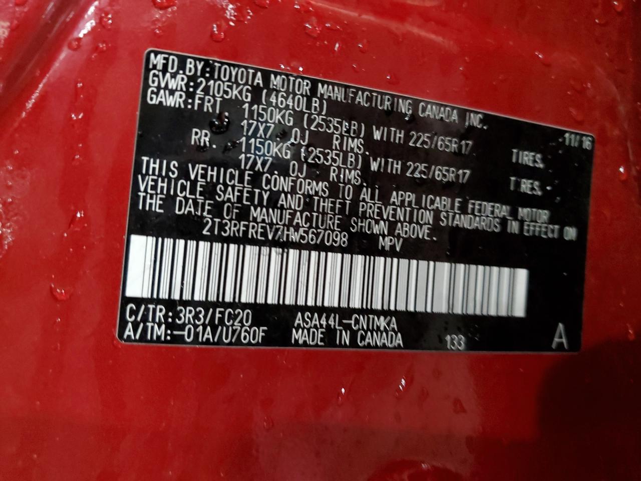 2017 Toyota Rav4 Xle VIN: 2T3RFREV7HW567098 Lot: 69309795