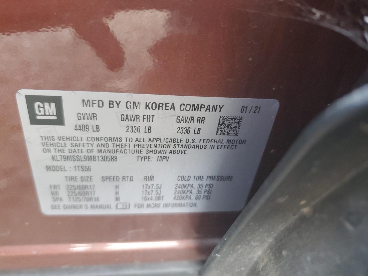 2021 Chevrolet Trailblazer Activ VIN: KL79MSSL9MB130588 Lot: 70157265