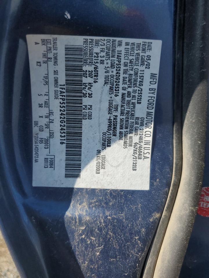 2002 Ford Taurus Ses VIN: 1FAFP55242G245316 Lot: 66926785