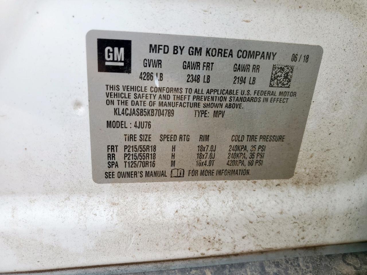 2019 Buick Encore Preferred VIN: KL4CJASB5KB704789 Lot: 68393245