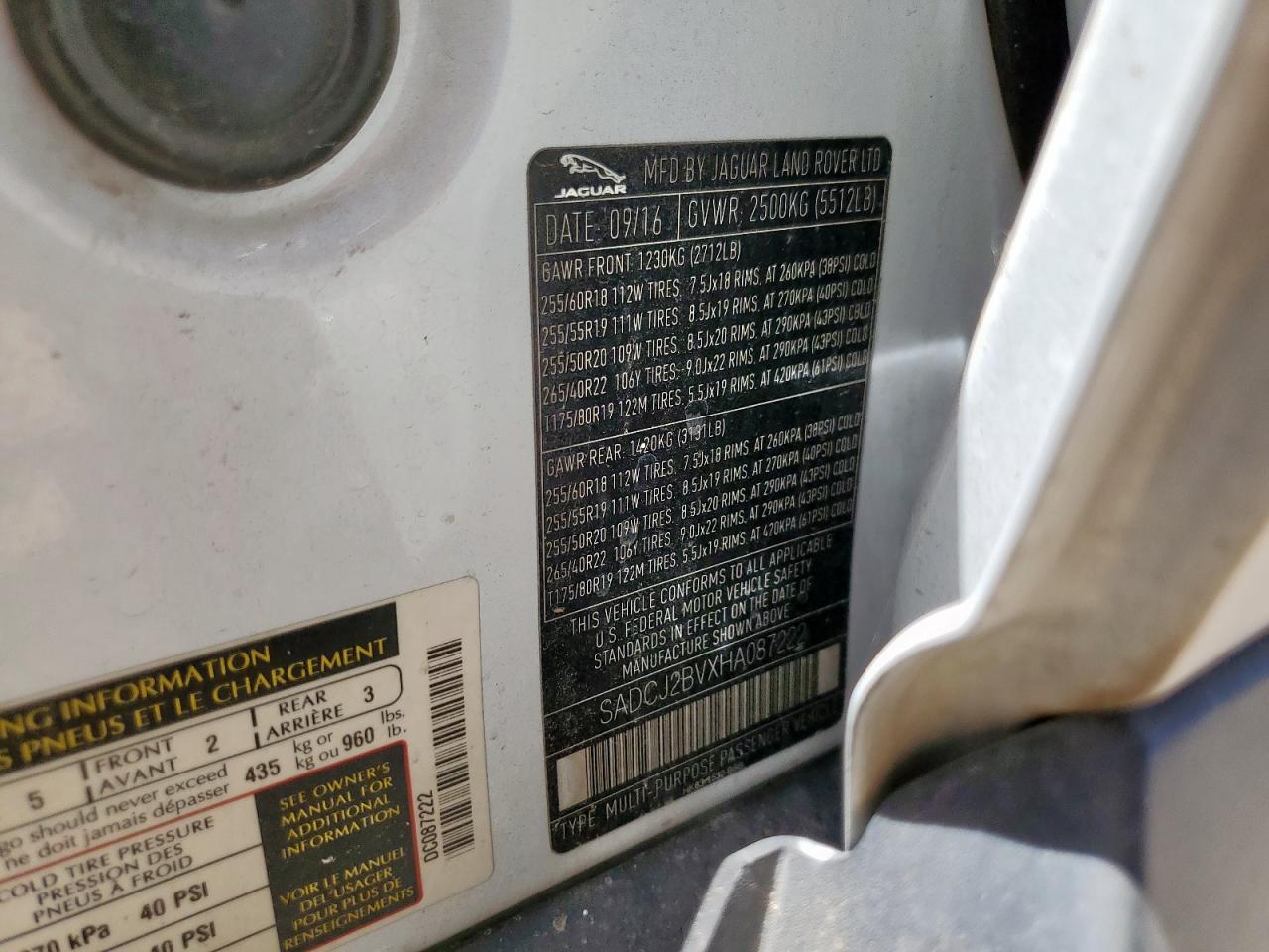 2017 Jaguar F-Pace Premium VIN: SADCJ2BVXHA087222 Lot: 67446095