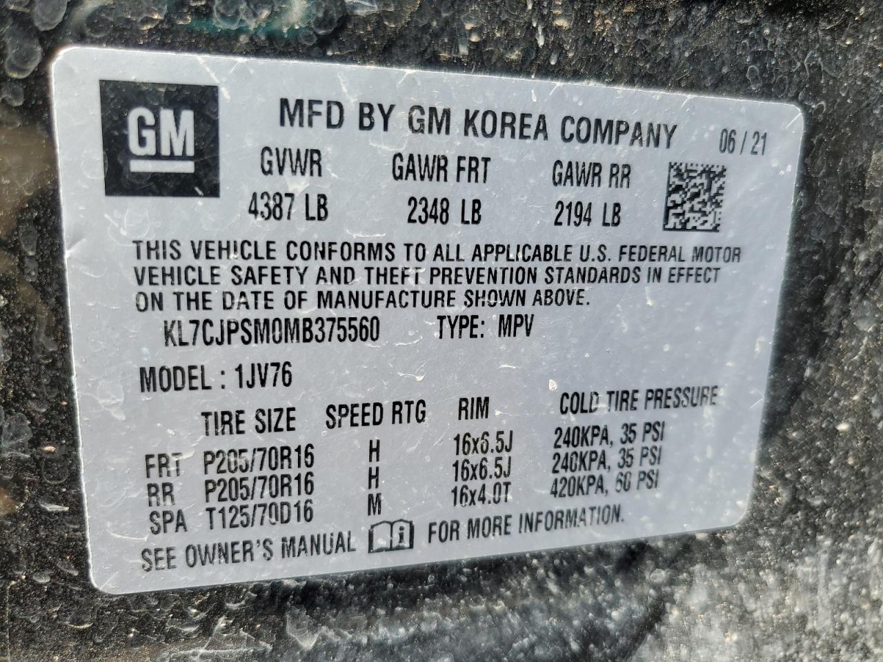 2021 Chevrolet Trax 1Lt VIN: KL7CJPSM0MB375560 Lot: 68552195