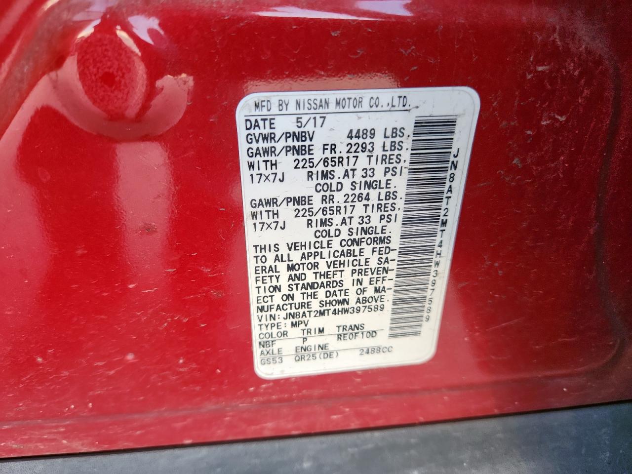 2017 Nissan Rogue S VIN: JN8AT2MT4HW397589 Lot: 68106455