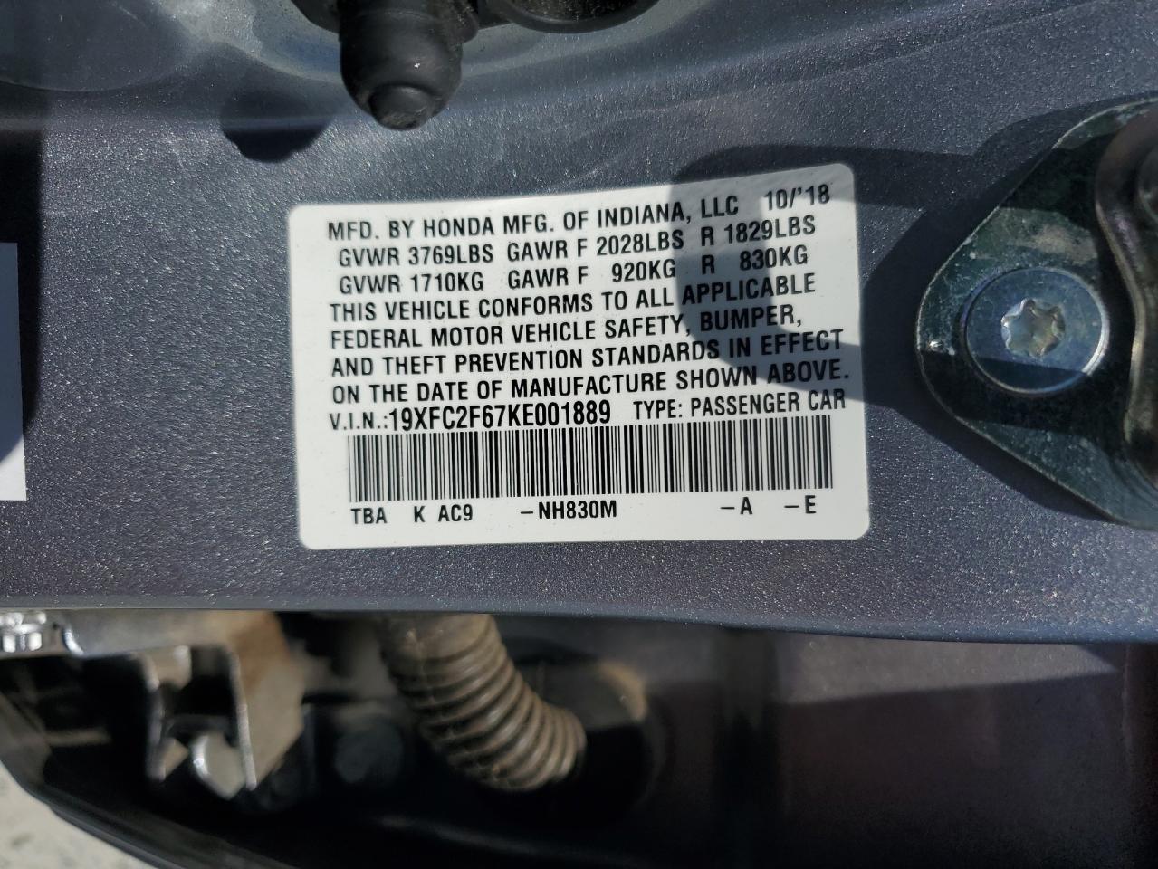 2019 Honda Civic Lx VIN: 19XFC2F67KE001889 Lot: 70594255