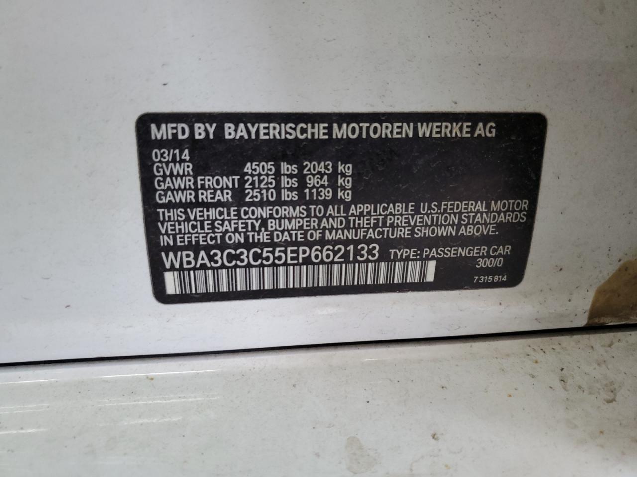 2014 BMW 320 I xDrive VIN: WBA3C3C55EP662133 Lot: 67410025