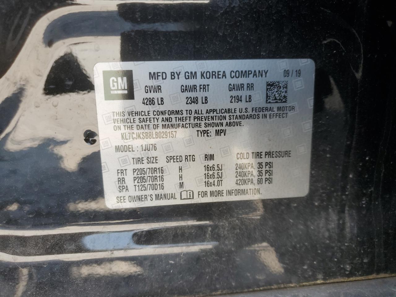 2020 Chevrolet Trax Ls VIN: KL7CJKSB8LB029157 Lot: 69748725