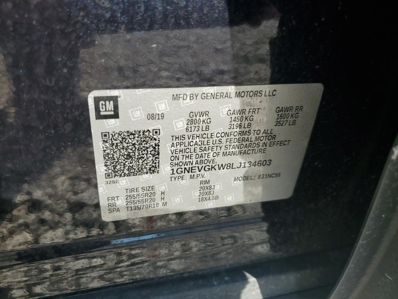 2020 Chevrolet Traverse Lt VIN: 1GNEVGKW8LJ134603 Lot: 69375535