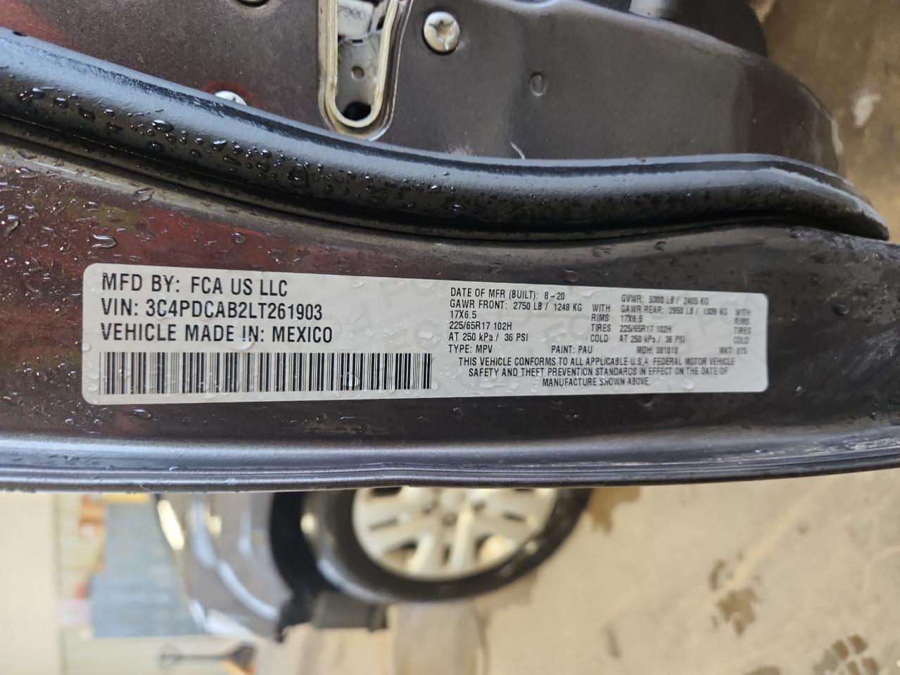 2020 Dodge Journey Se VIN: 3C4PDCAB2LT261903 Lot: 70824805