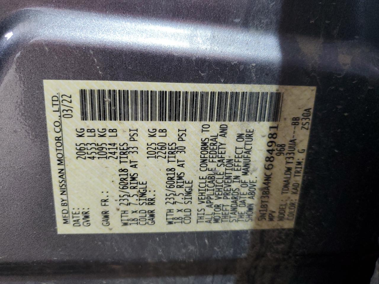 2022 Nissan Rogue Sv VIN: 5N1BT3BA4NC684981 Lot: 67232265