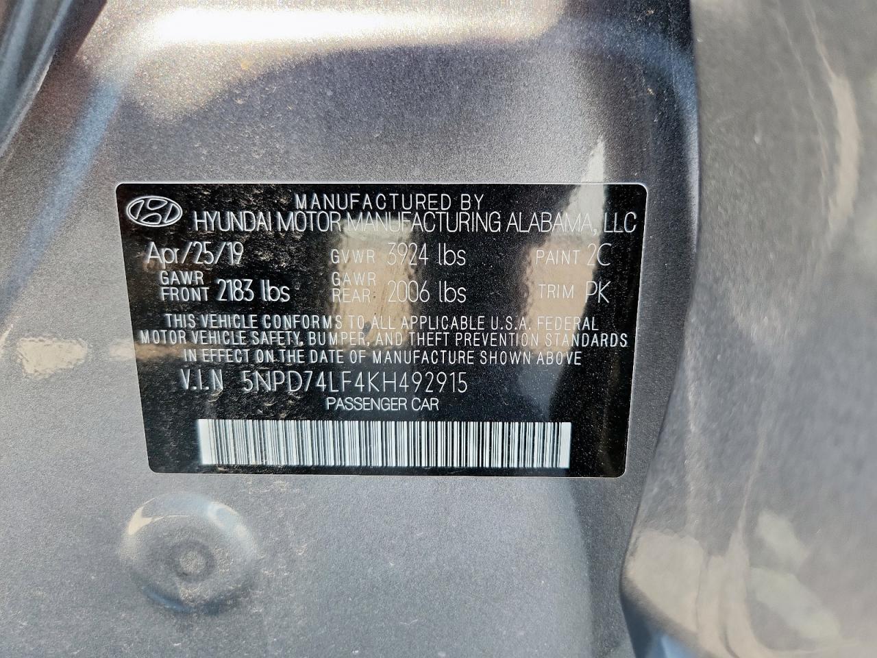 2019 Hyundai Elantra Se VIN: 5NPD74LF4KH492915 Lot: 69780585