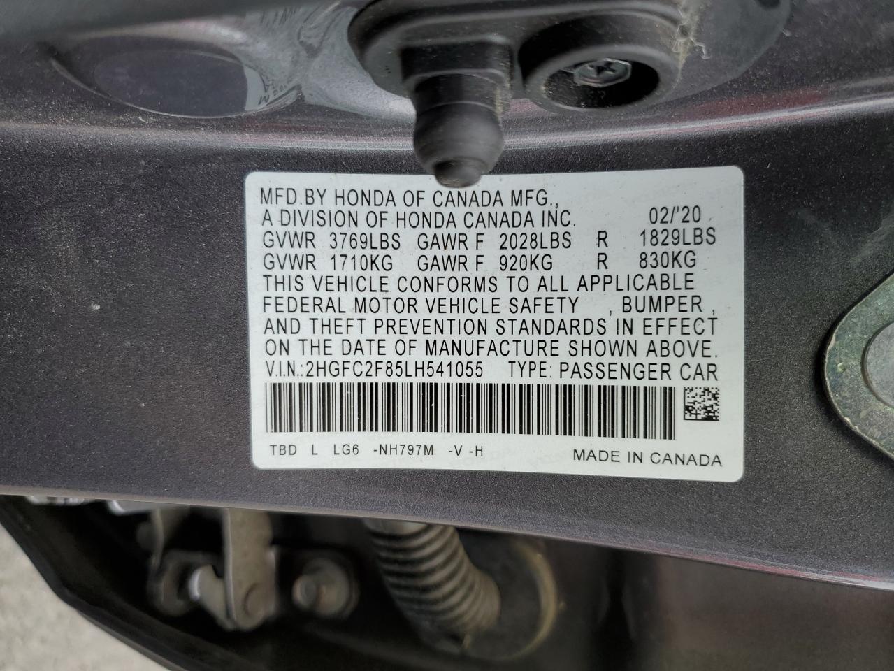 2020 Honda Civic Sport VIN: 2HGFC2F85LH541055 Lot: 66854295