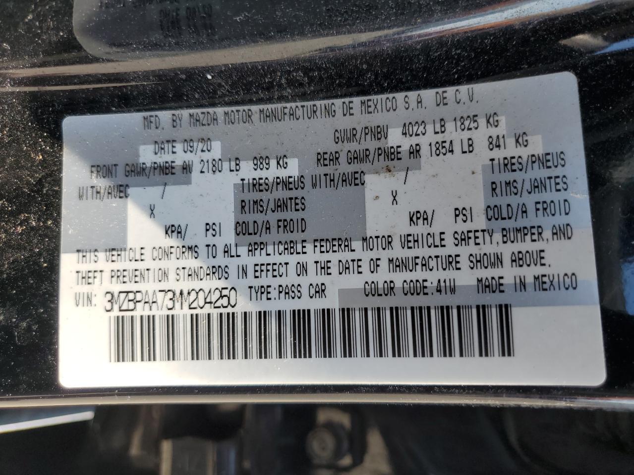 2021 Mazda 3 VIN: 3MZBPAA73MM204250 Lot: 68344285