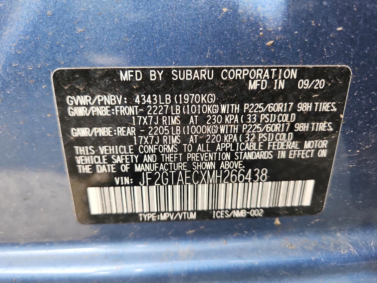 2021 Subaru Crosstrek Premium VIN: JF2GTAECXMH266438 Lot: 70343895